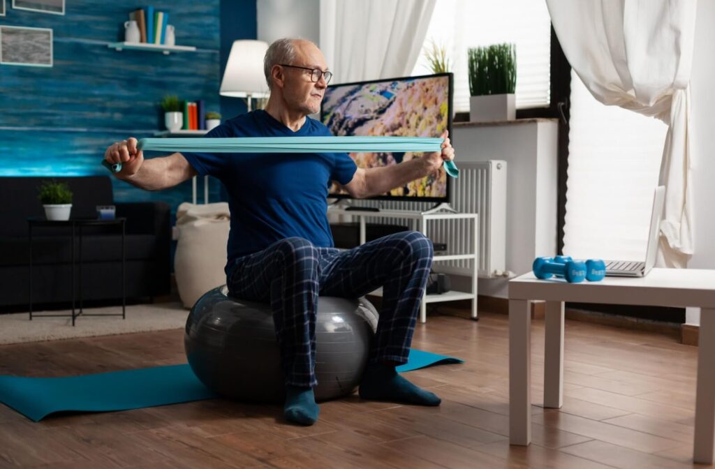 Older adult using resistance band for osteoporosis exercise while sitting on a stability ball at home