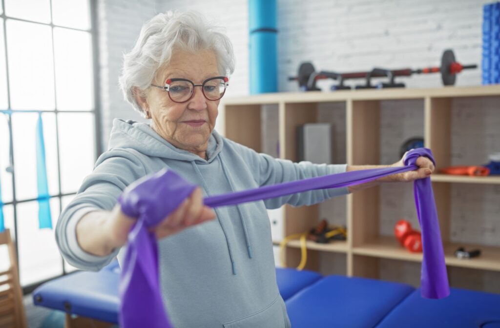 An older adult uses resistance bands to build strength and improve their posture.