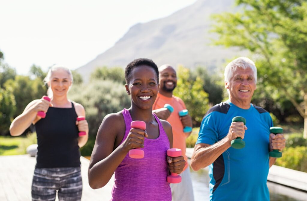 A group of older adults doing a workout class outdoors with handheld weights at an assisted living community.
