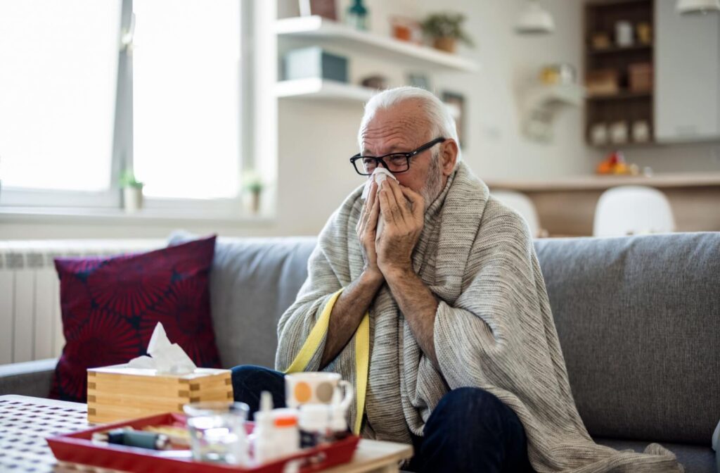 Senior with blanket blowing nose while sitting on couch with cold medicine on table