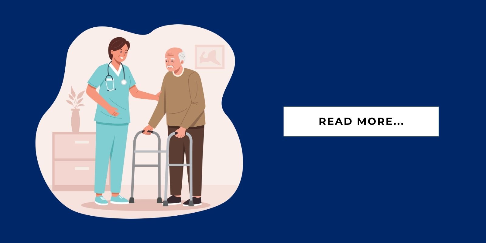 An illustration of a caregiver and a senior in respite care with a button that says, "Read More..."