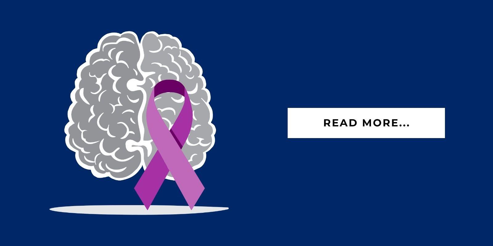 a brain with a purple ribbon and an icon that says "read more"