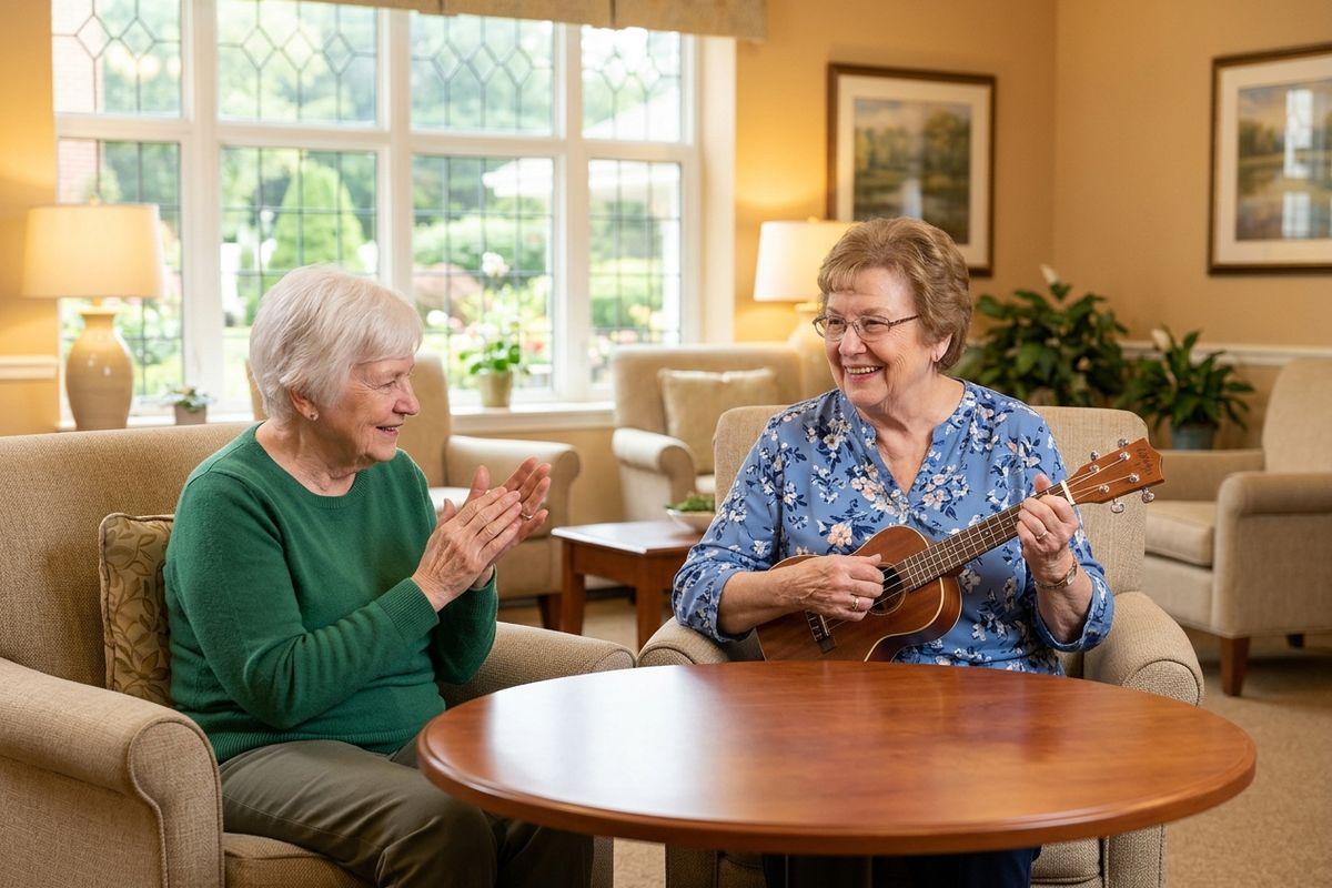 two seniors sitting at a table, one playing the ukulele
