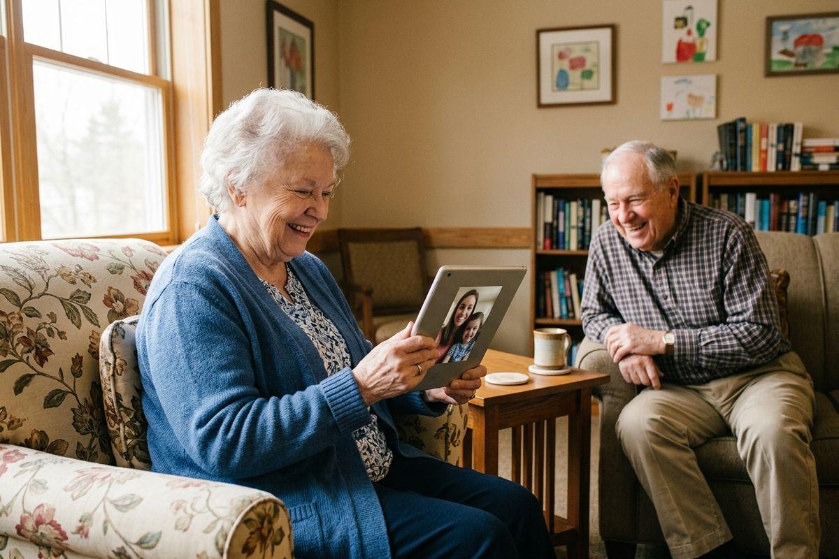An older adult couple in their assisted living apartment smiles as they video-call their family members.
