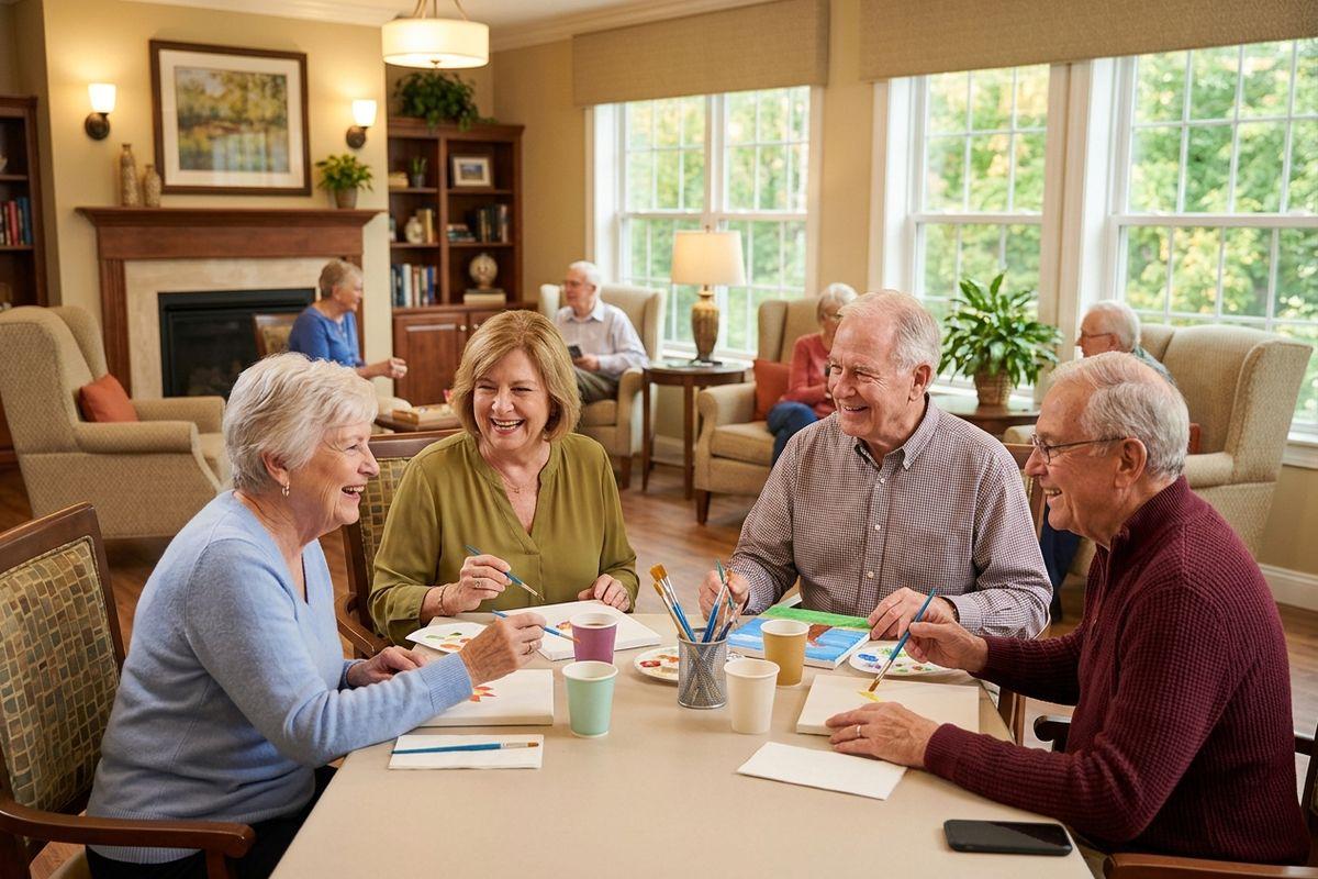 A group of older adults enjoys a painting activity in the common area of a senior living community.
