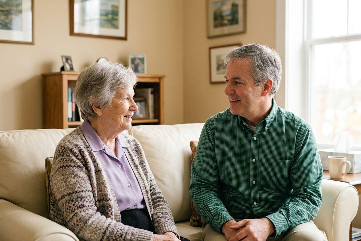 two seniors sit on a coach having a conversation