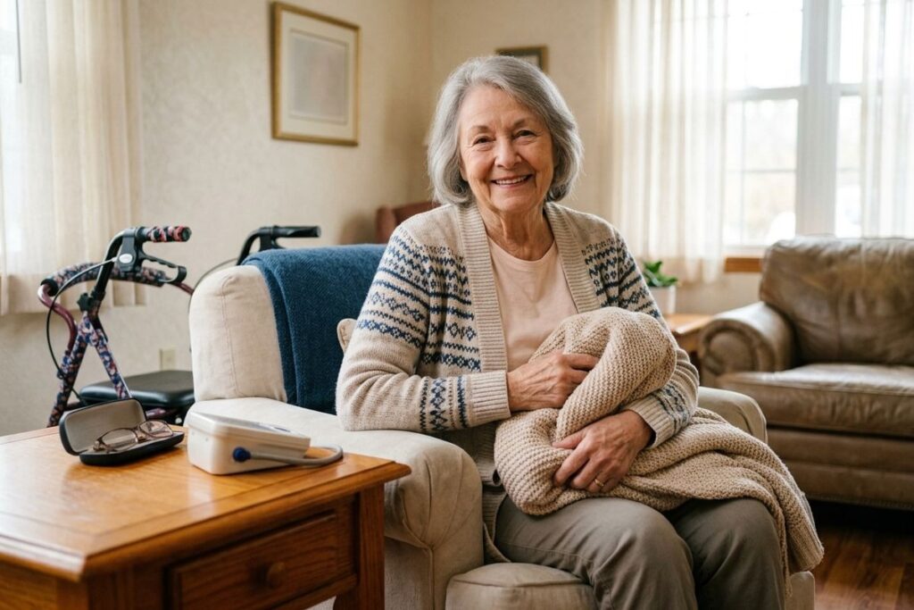 Older women sitting on a couch, and smiling while holding a blanket in her arms