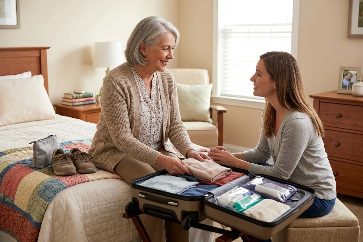 Younger adult helping older adult pack a suitcase in a bedroom