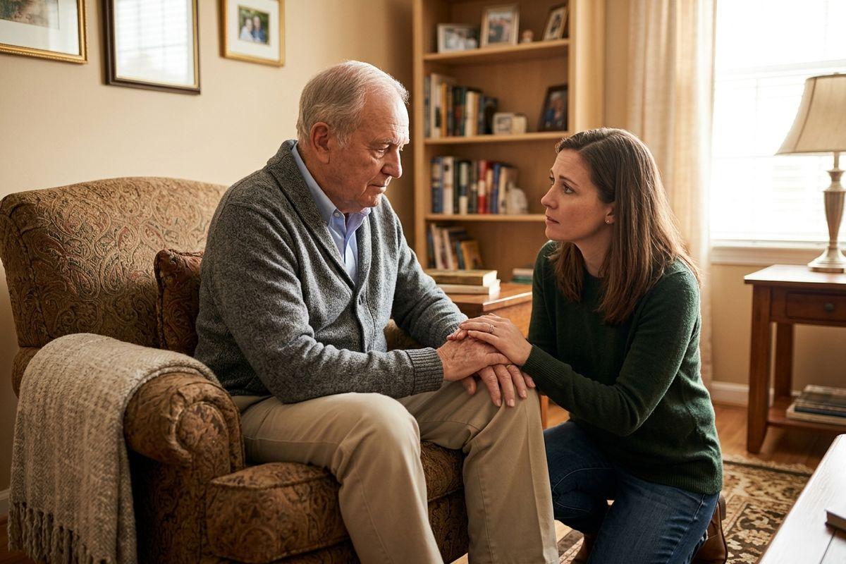 A senior sits in an armchair, looking distressed, as a family member kneels beside them, offering a comforting hand.