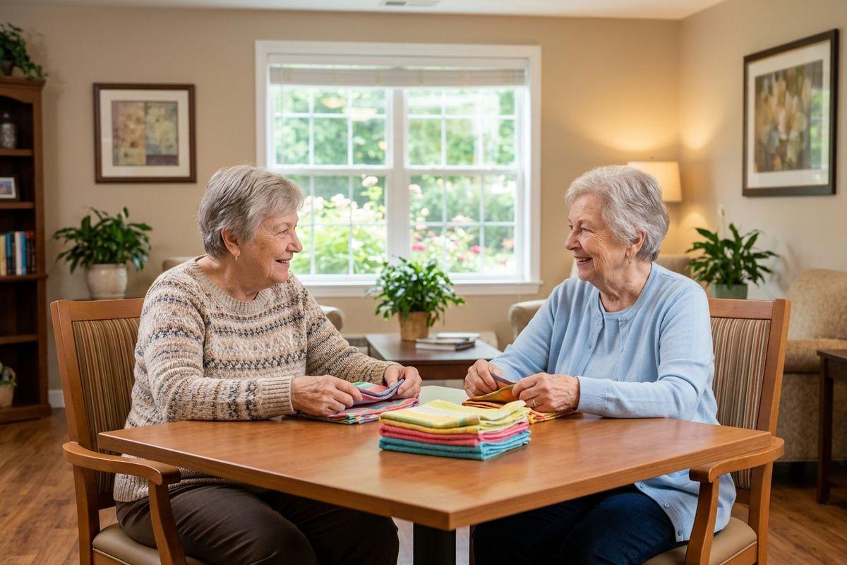 A pair of smiling older adults in senior living sit together folding hand towels, enjoying a moment of shared purpose.