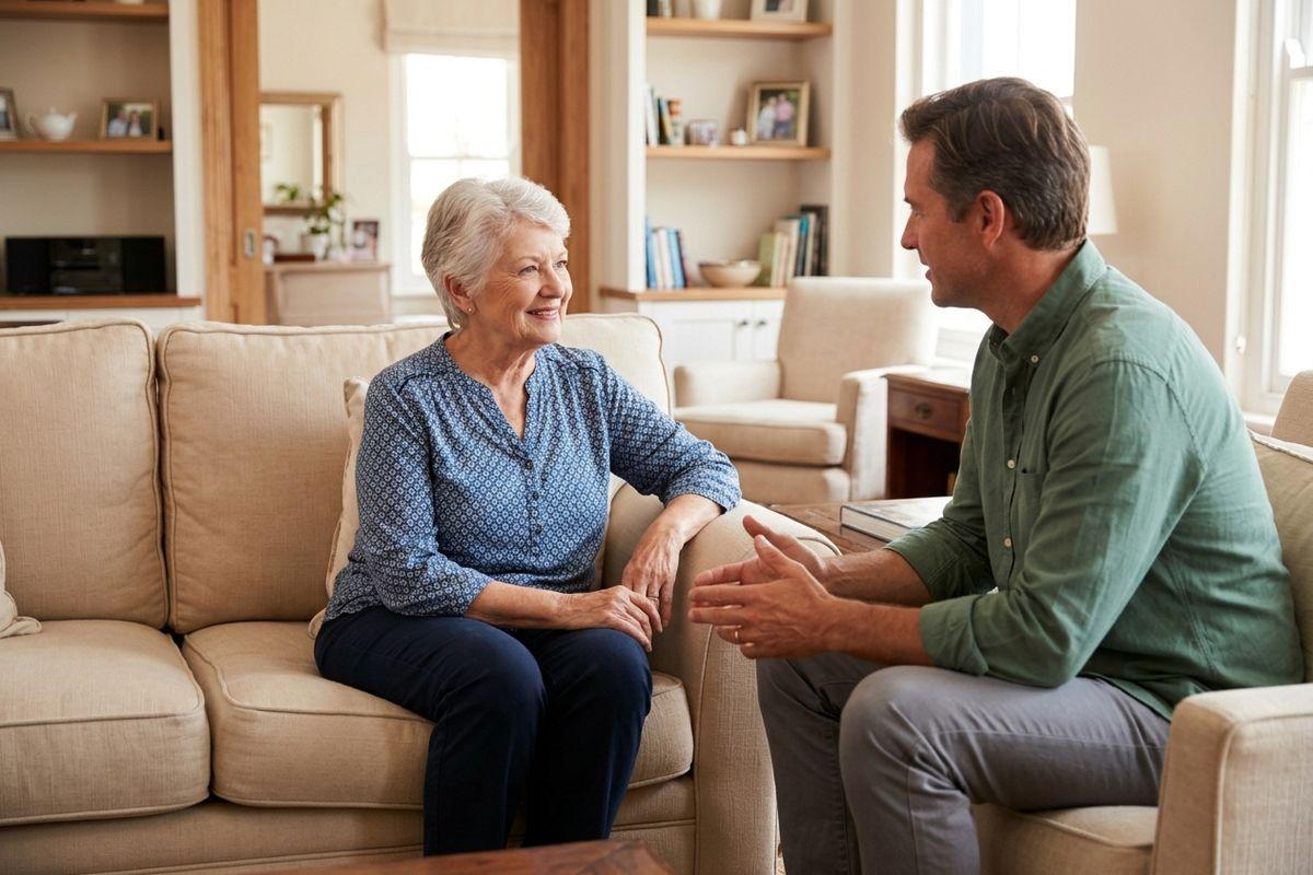 An older adult and younger adult having a conversation in a living room.
