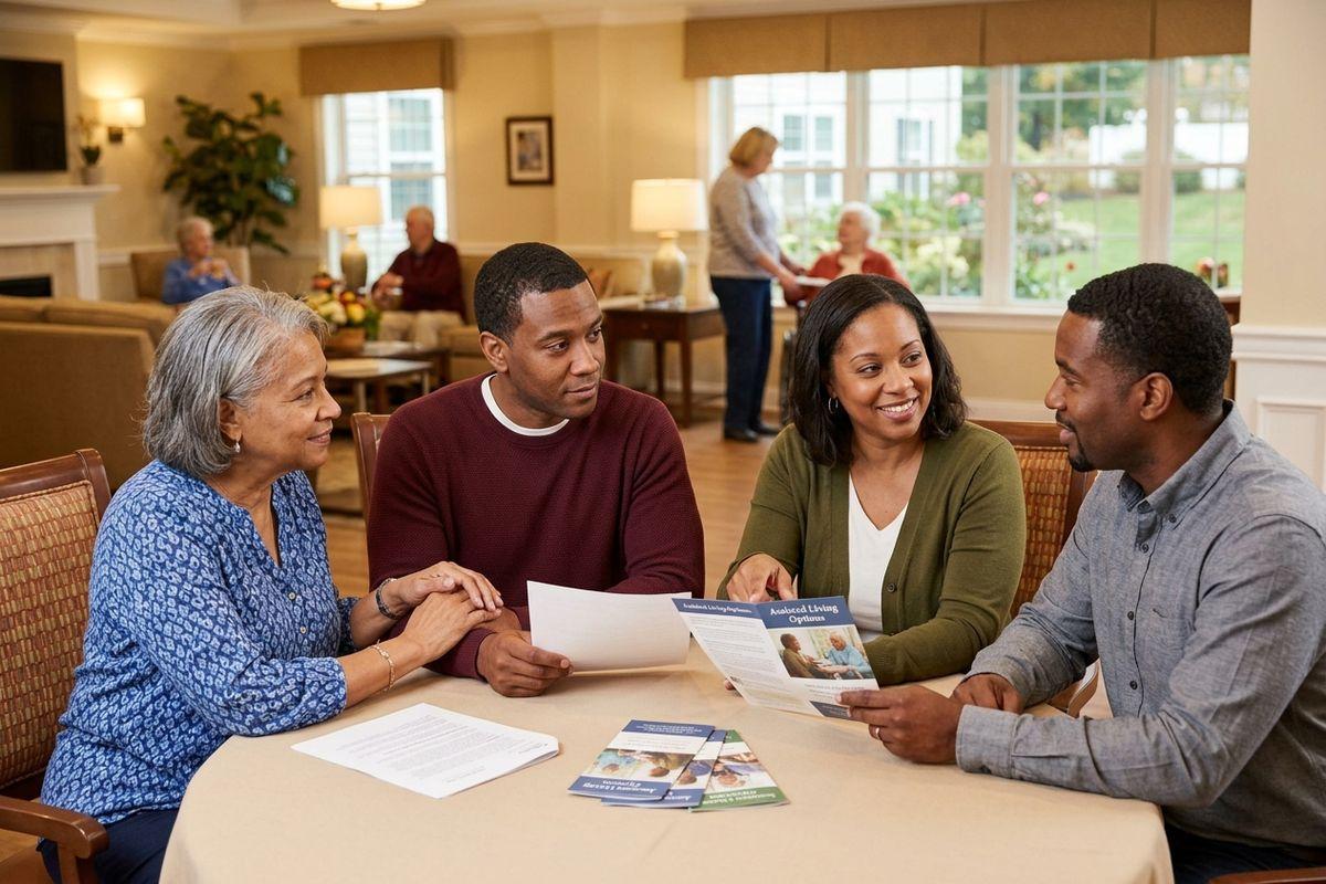 Adult siblings sit with their older parent in a senior living community, reviewing community brochures.