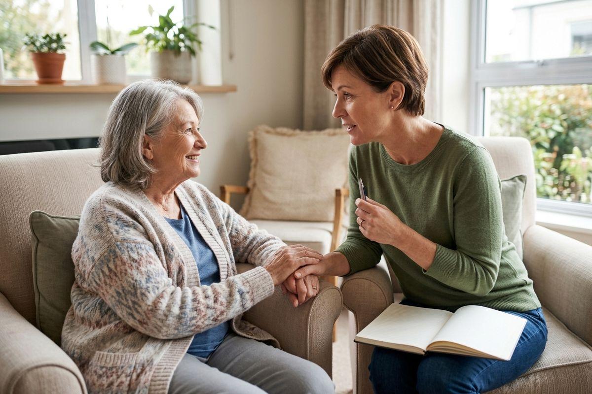 A young adult holding a pen sits with an older adult in a chair during a conversation.