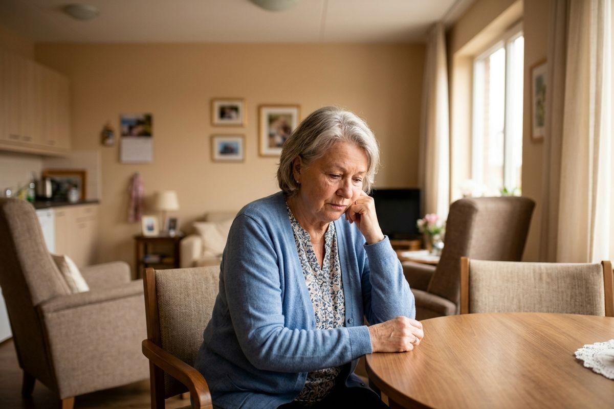 An older adult sits alone at a kitchen table, illustrating the isolation of aging in place.