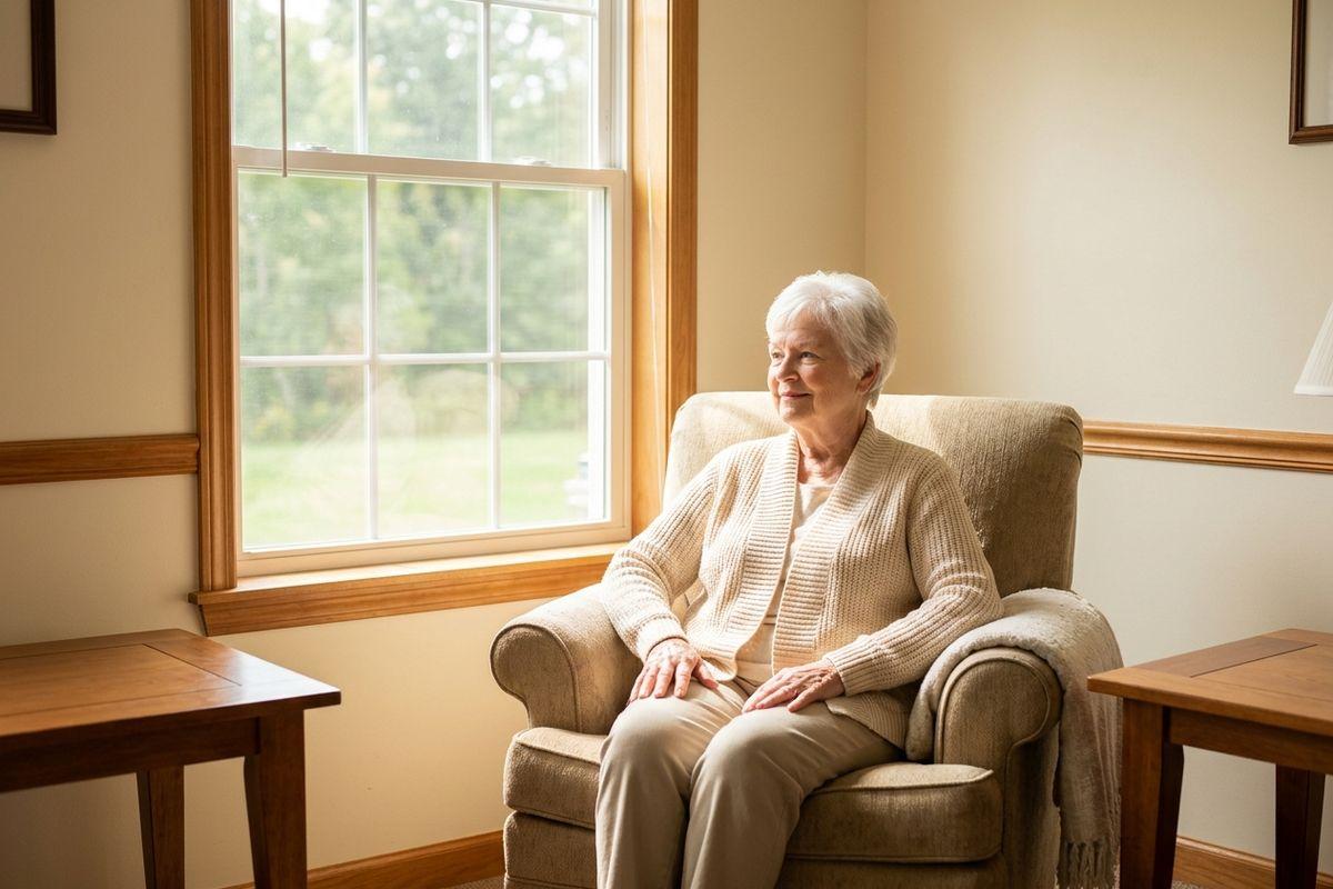 A senior with white hair sits smiling in a beige armchair beside a sunlit window, wearing a cream knit cardigan.