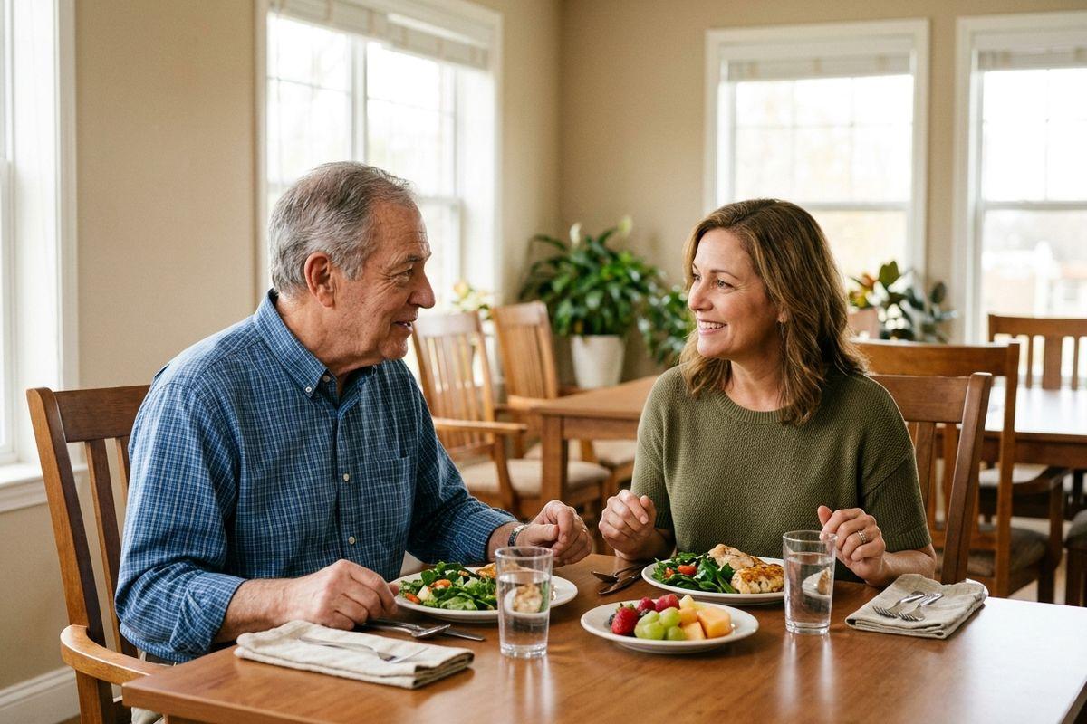 A senior and a younger woman sit at a wooden dining table eating a meal of chicken, salad, and fruit while looking at each other.