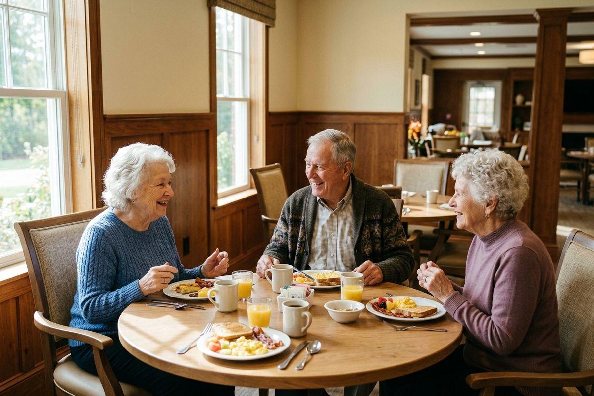 Three seniors enjoy a breakfast together at a round wooden table, plates of eggs, toast, and juice in a sunlit dining room.
