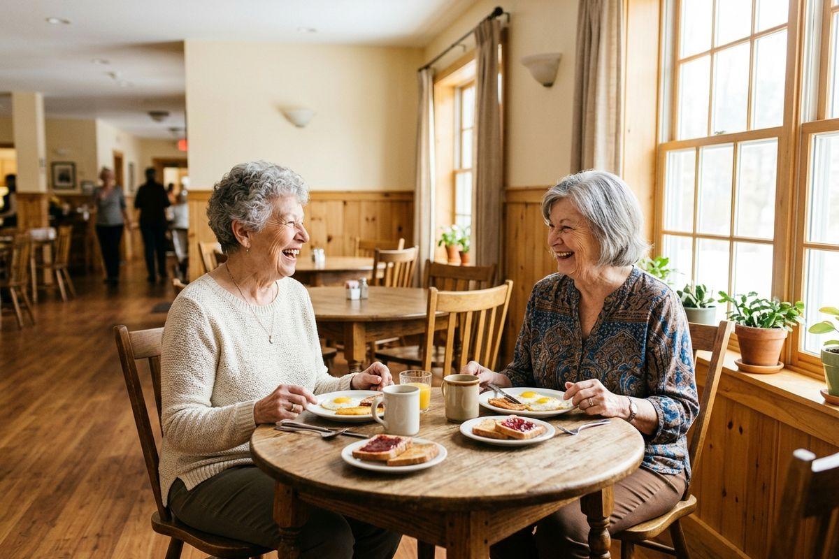 Two seniors sit at a wooden table in a dining room, laughing together while eating a breakfast of eggs, toast, and coffee.