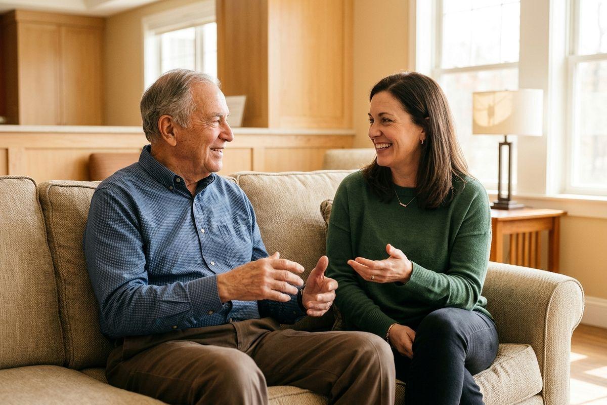 A senior and a younger woman sit on a beige couch in a sunlit living room, smiling and talking with each other while gesturing with their hands.