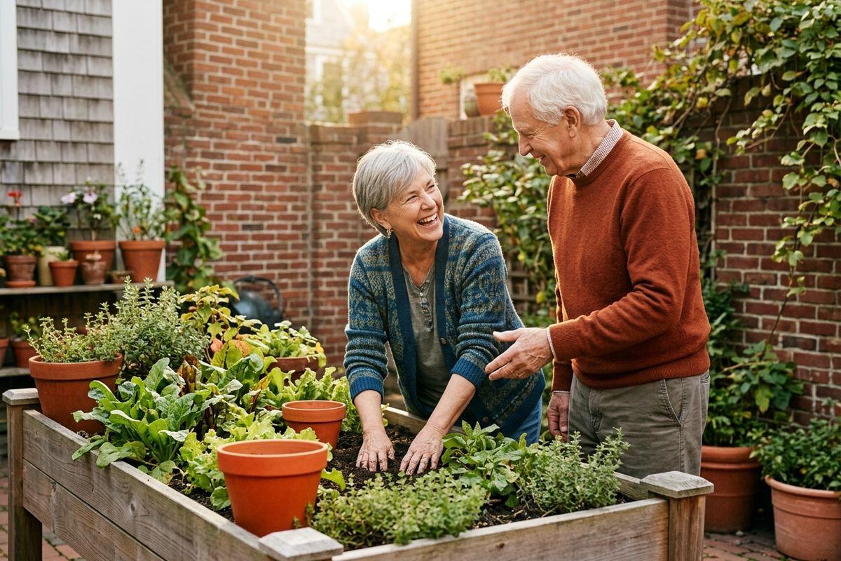 Two smiling seniors garden together in a brick courtyard. One works the soil of a raised planter bed while looking up at the standing person.