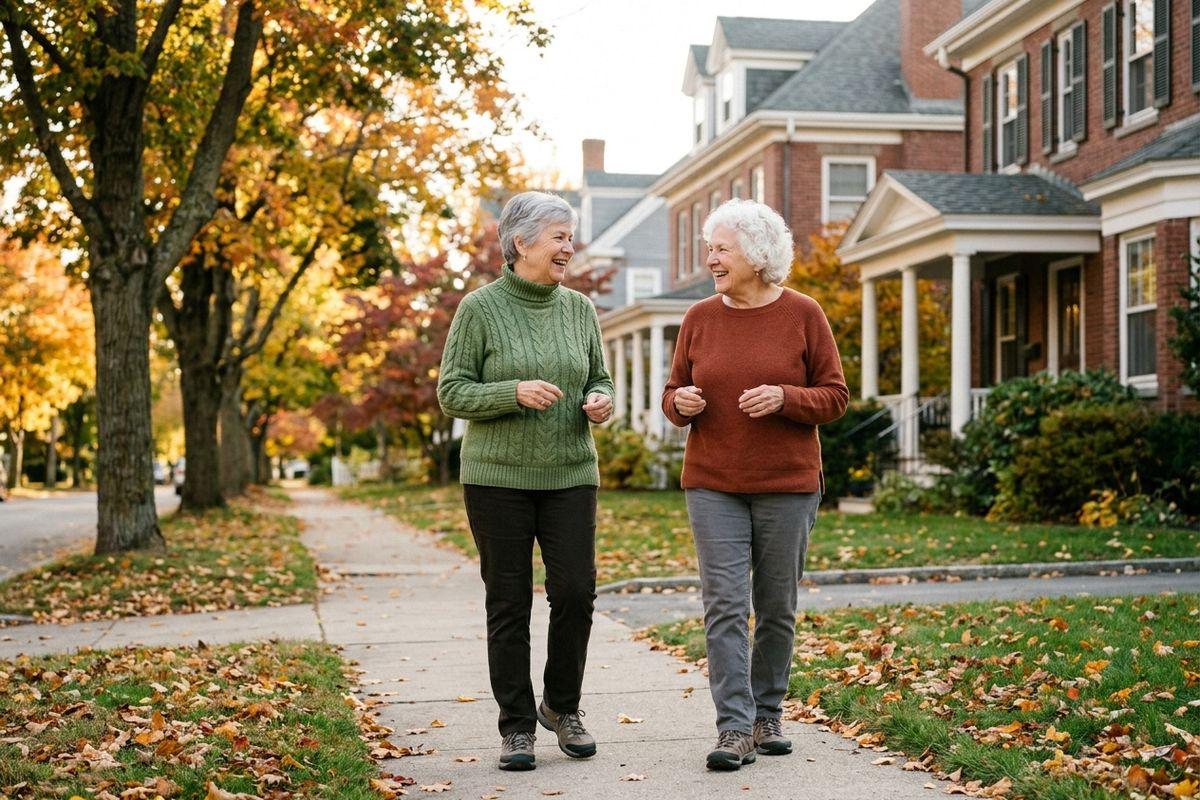 Two seniors in sweaters walk along a neighborhood sidewalk, smiling at each other, with autumn leaves and brick houses around them.