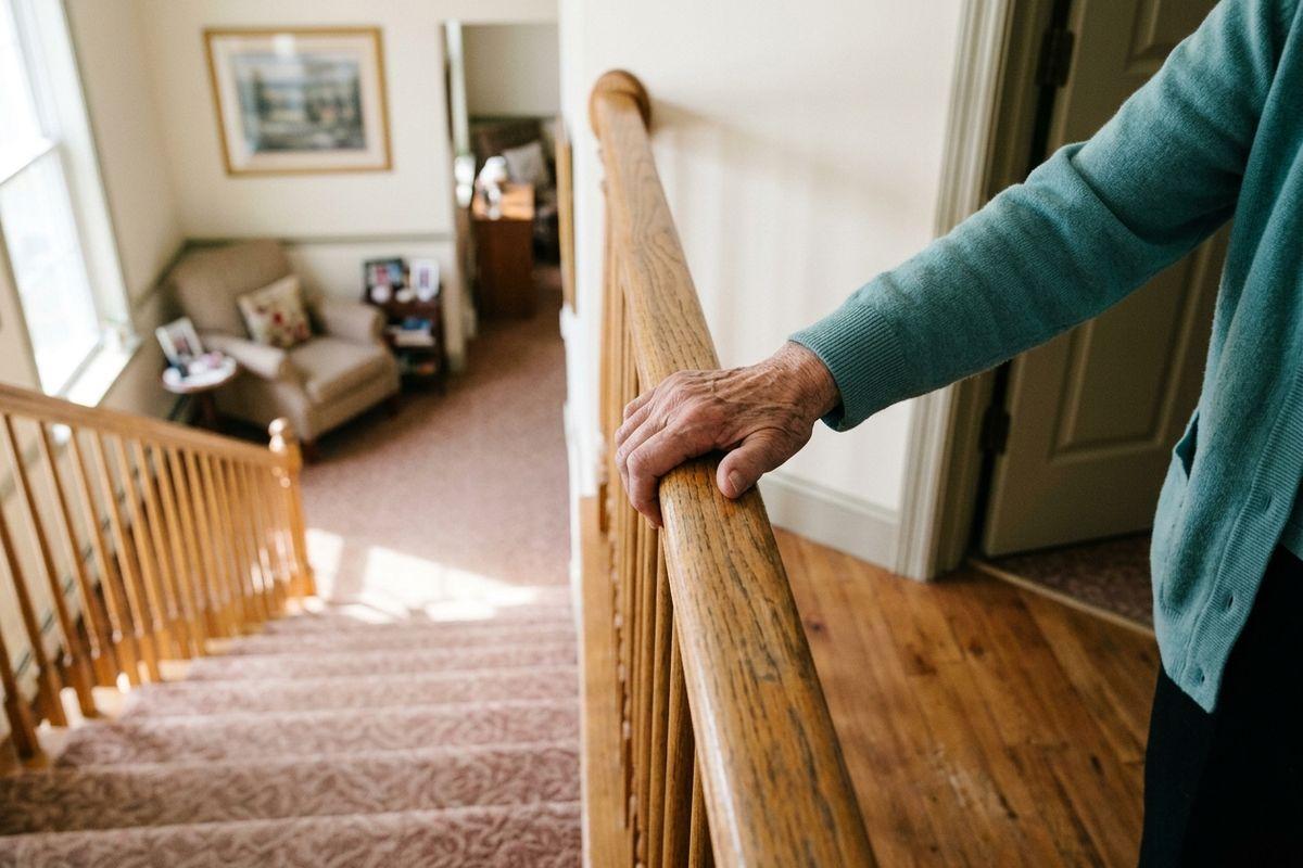 A senior's hand grips a wooden banister at the top of a carpeted staircase in a home.